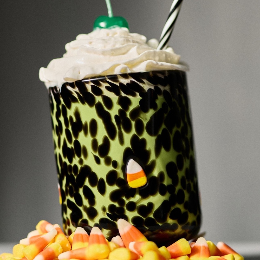 Anthropologie Mystic Icon Juice Glass NWT Halloween Candy Corn Black Handblown